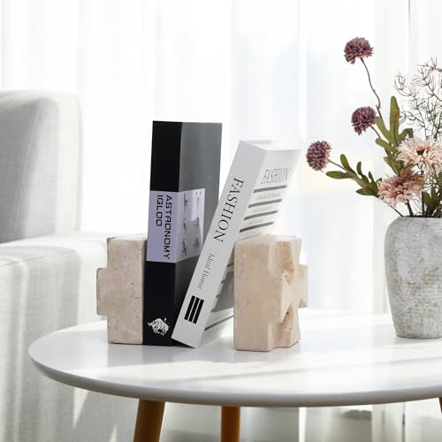 Decorative Square Marble Bookends for Heavy Books – Unique Book Ends for Shelves – Modern Aesthetic Book Holder/Stopper with Non-Slip Pads for Chic Home, Office, or Library Decor(Travertino Turkey) - style: Square-Beige