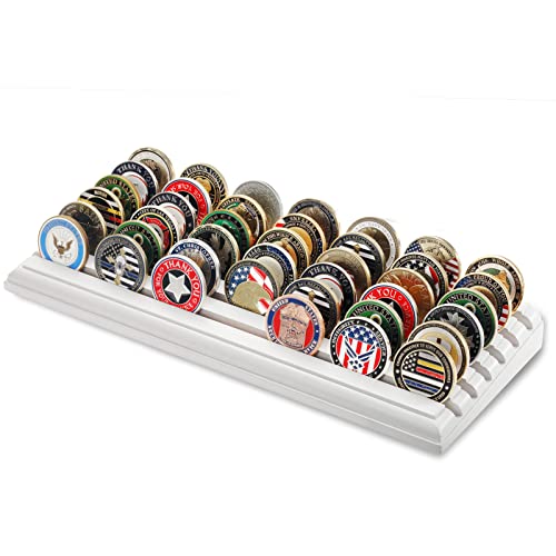 LIUYALO Military Challenge Coin Display Stand 6 Rows Stair Design Solid Wood Coin Holder Rack Gift for Military Army for Him Father Collectible Coins Holder White Finish - color: white