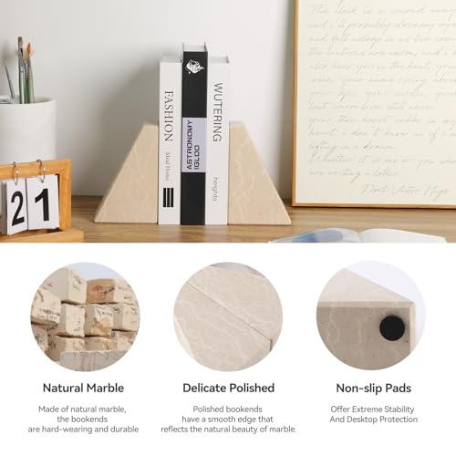 Marble Bookends for Heavy Books, Decorative Book Ends for Shelves, Durable and Heavy-Duty Stone Bookends for Hardback Book & CDS, Unique Book Stopper & Holder, New Jura Beige-Vein, Set of 2 - color: Arabia Beige-vein