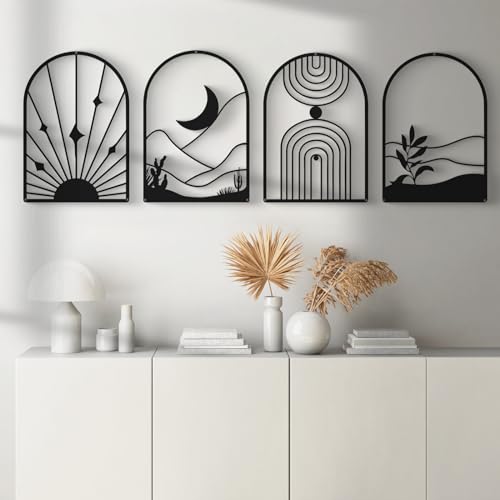 Glamativity 4 Pack Black Abstract Metal Wall Art, Minimalist Décor Single Line Art Wall Décor, 3D Textured Metal Wall Sculptures, for Living Room Bedroom Bathroom Study Room (Black Boho, L Size 22.5 x 15.7'') - color: Black Boho, size: L Size 22.5 x 15.7'