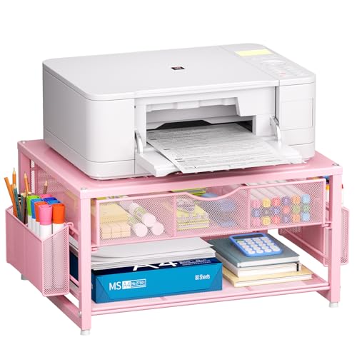 Marbrasse Metal Printer Stand for Desk with Storage Drawer and 2 Pen Holders, 2-Tier Desktop Organizer Printer Table for Home Office, Multi-Purpose Desk Organizer for Fax Machine Scanner Files(Pink) - color: Pink