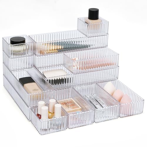 HOTOOLME 14PCS Clear Drawer Organizers Bins, 4 Size Clear Makeup Drawer Organizer, Stackable Vanity Drawer Organiser Trays, Bathroom Drawer Storage for Cosmetics, Office Supply - style: 14 Pack