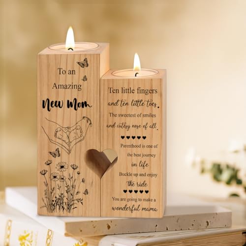 New Mom Gifts – Wooden Candle Holder with Poem – Gift for New Mom After Birth, Postpartum Gifts, Pregnancy Gifts for Expecting Mom, Push Presents, First Time Mom Gift - size: NEW MOM