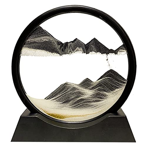 HYUGF Moving Sand Art Picture Decor, 3D Deep Sea Sandscape Liquid Motion, Round Glass Frame Display Flowing Sand, Relaxing Gift for Kids Adults Office Work Home Desktop Decoration Toy (Black, 12") - color: Black, size: 12 inches