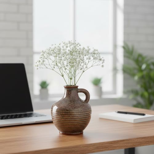 Sunddo Brown Ceramic Vase 6 Inch - Small Rustic Decorative Vase with 1 Handle, Rustic Farmhouse Decor, Bedroom, Bathroom, Bookshelf, Mantel, Coffee Table Decor - color: Rust - 6, size: 6 Inch