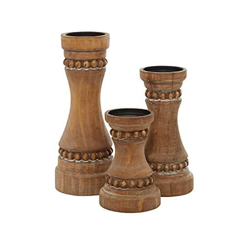 Deco 79 Wood Beaded Pillar Candle Holder, Set of 3 12", 9", 7"H, Brown - color: Brown, size: S/3 12", 9", 7"H