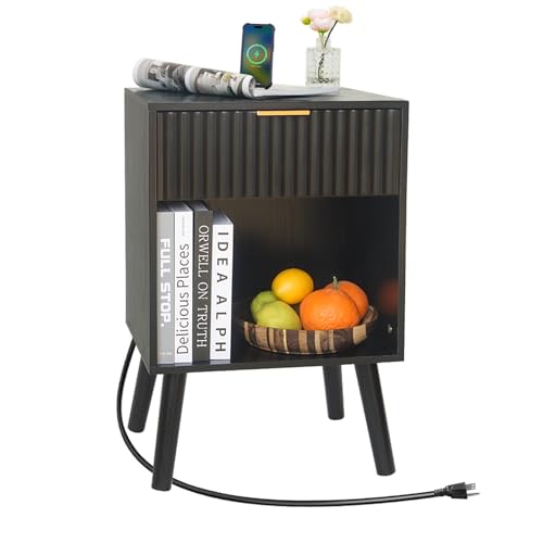 Fultyle Fluted Black Nightstand with Charging Station, Mid Century Modern Bedside Table with Drawers and Outlet,Side Tables Living Room, Wooden Night Stand for Bedroom, Office (Black) - color: Black With Charging Station