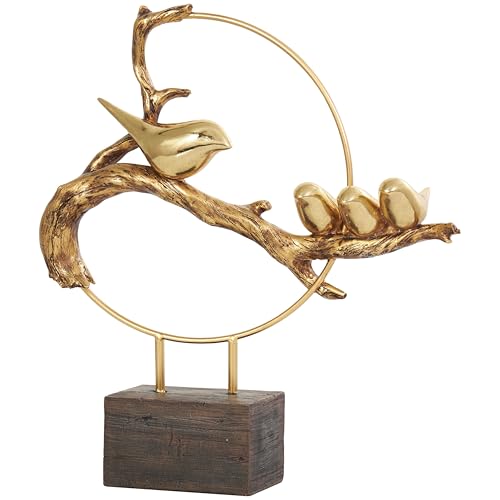 Deco 79 Polystone Bird Decorative Sculpture Family On A Branch Home Decor Statue with Brown Block Base, Accent Figurine 15" x 4" x 16", Gold