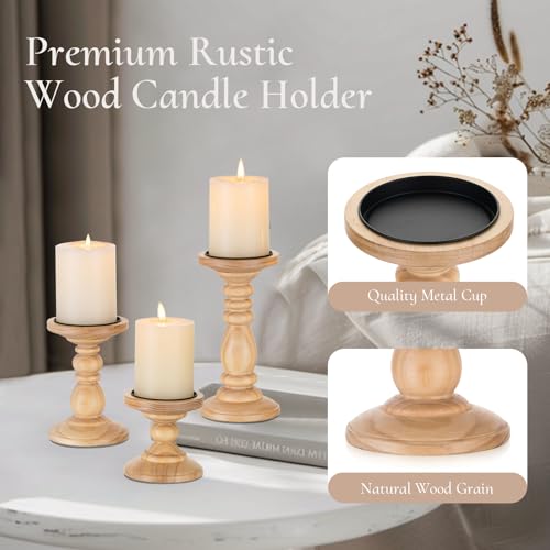 Wood Pillar Candle Holder: Rustic Wooden Candle Stand Farmhouse Fall Decor Distressed Brown Centerpieces for Tables Mantel Dining Living Room Christmas Set of 3 - color: Brown, size: 3.94", 5.9", 7.87"