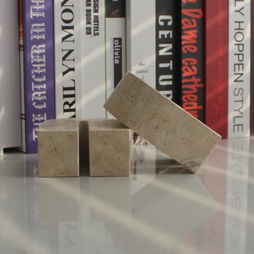 Set of 2 Natural Travertine Bookends for Shelves, Decorative Book Ends for Heavy Books, Solid Heavy Duty Book Stopper Office Bookshelf Decor for CDs/Video Games