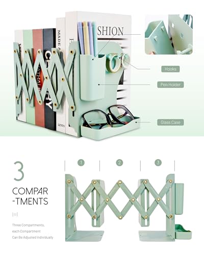 Heavy Duty Bookends Adjustable Book End, Desk Book Holder for Shelves, Book Organizer for Desk, Suitable for Office Home School (19.69 inches Max) (Green) - color: Green