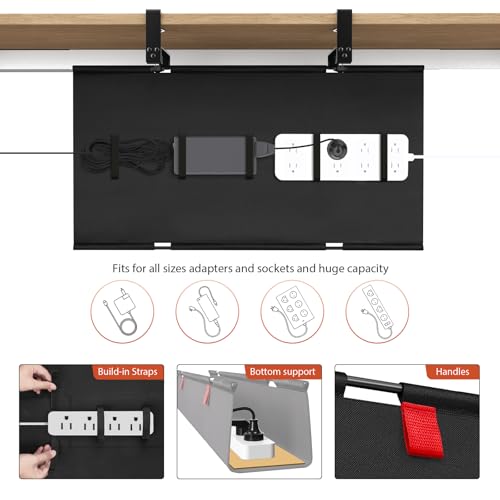 Univivi No Drill Under Desk Cable Management Tray, 28" Cord Organizer for Table, Clamp/Screw Mount Desk Cable Management, Premium Fabric Cable Management Tray for Office, Home - color: Black, size: 28"L x 5.5"W