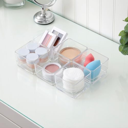 STORi SimpleSort 6-Piece Stackable Clear Drawer Organizer Set | 3" x 3" x 2" Square Trays | Small Makeup Vanity Storage Bins and Office Desk Drawer Dividers | Made in USA - size: 3x3x2" (Set of 6)