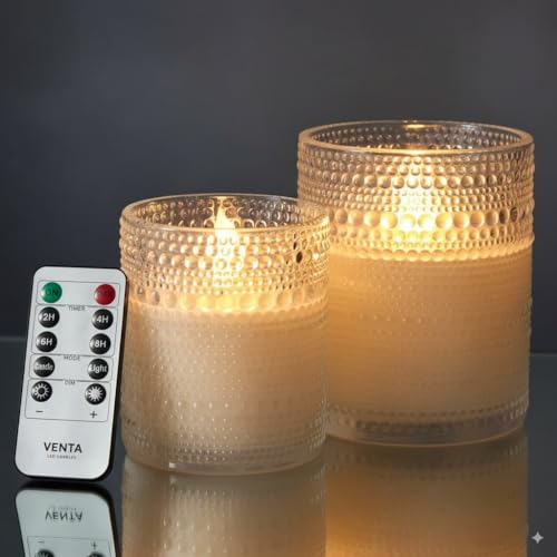 VENTA Realistic Glow Flameless Candles | Decorative Set of 2 in White Dotted Glass with Remote & Timer | Decorative Table Lamp - color: Dotted Glass White