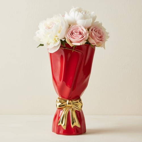 Red and Gold Bow Ceramic Vase - Flower Vases for Home Decor, Bow Decor, Boho Style, 9.65 Inch Flower Vases for Bouquet, Large Vase for Ideal Shelf Decor/Table (Red and Gold, Large) - color: Red and Gold