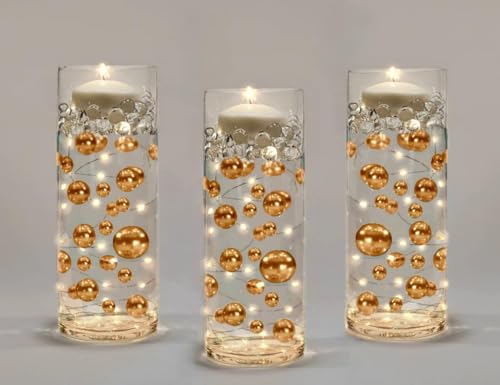 300 Floating Gold Pearls- Large Sizes- 12 Warm White Submersible LED Fairy Lights Strings with Hidable & Submersible Batteries- Fills 4 Gallons for Your Vases - color: Gold, size: 4pk+liteww