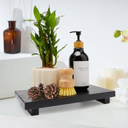 Renawe Black Bathroom Counter Tray Organizer Wood Riser Stand Kitchen Countertop Trays Wooden Pedesta Display Dish Soap Dispenser Holder for Bathroom Decor Sink Accessories Vanity Tray - color: Black, size: 12x6.7 inch