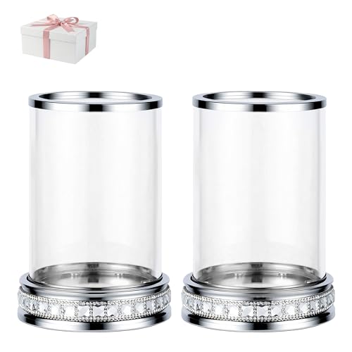 2pcs Hurricane Candle Holder, Pillar Candle Holders with Clear Glass Sleeve, Small Crystal Lantern for Fall Thanksgiving Christmas Holiday Dining Table Centerpiece (Silver) - color: Silver