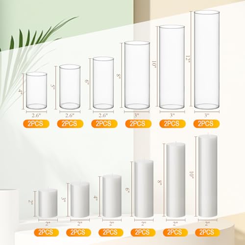 Shihanee Set of 12 Pillar Candles and Glass Cylinder Vases Assorted Sizes Cylinder Holders for Pillar Candles Home Table Centerpieces Wedding Party Decorations (White) - color: White