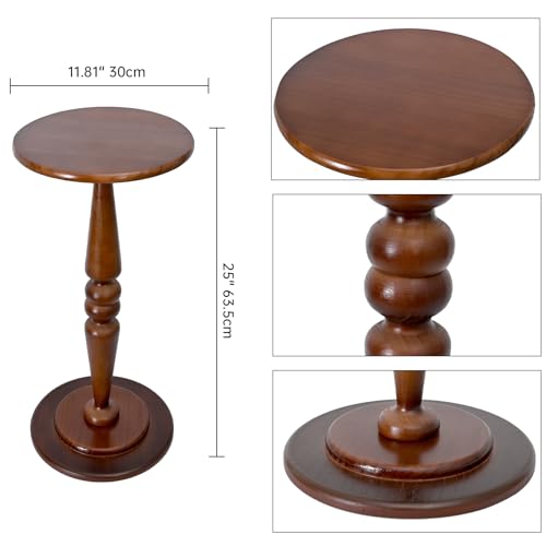 SwallowLiving Round Pedestal Side Table – Solid Pine Wood Drink Table for Small Spaces, 25" Tall Narrow End Table for Living Room & Bedroom, Vintage Brown Accent Furniture (12" Diameter) - color: Brown Spindle