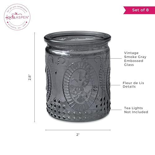 Kate Aspen Smoke Gray Vintage Glass Tealight Votive Candle Holders with Fleur-de-lis Design, Set of 8 - Perfect for Farmhouse Room & Shelf Decor - color: Smoke Gray, size: Set of 8