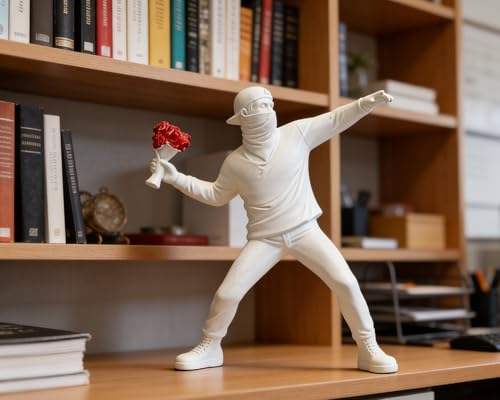 Banksy Flower Thrower Sculpture, 8.5 inch White Banksy Street Graffiti Art Statue Replica, Inspirational Sculpture Gifts Peace Hope - color: White