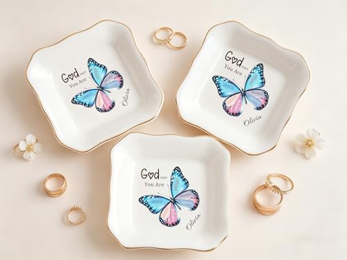 Personalized Ceramic Jewelry Dish, Custom Birth Flower & Name Trinket Tray for Mother's Day, Bridesmaid, Birthday Gift - 4 Shape1s Available (Butterfly Jewelry Tray - Waved Square) - color: Butterfly Jewelry Tray - Waved Square