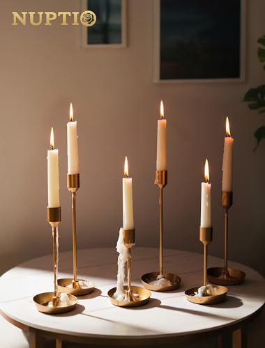 NUPTIO Taper Candle Holders for Centerpiece: Gold Tall Candlestick Holders Bulk 30 Pcs for Birthday Party - Brass Matte Candles Stick Decor Bulk Wax-catching Base for Table Fireplace - color: Gold, size: 30 pcs