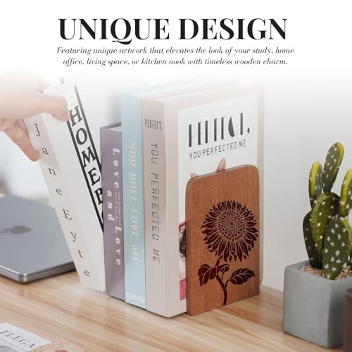 Sunflower Wood Bookends, Sunflower Gifts for Women Men Book Lovers, Novelty Bookends Unique, Heavy Duty Wooden Book Ends for Shelves Decorative(1 Pair, 4.72x6.69 Inches)
