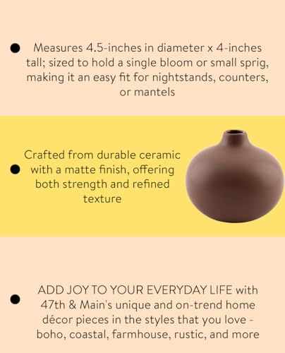 47th & Main Ceramic Vases for Flowers Modern Minimalist Small Vase for Home Décor, 4.5" Diameter x 4" Tall, Matte Coffee - color: Matte Coffee