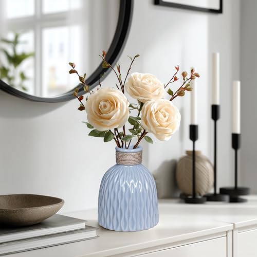 Blue Ceramic Vase for Flowers, 6 inch Small Modern Vase for Home Decor, Textured Decorative Vases for Centerpieces,Bathroom, Living Room, Desk,Shelf,Office Decor - color: Blue