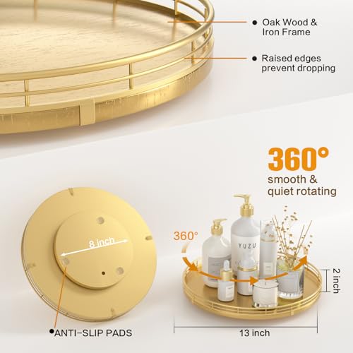 13" Gold Lazy Susan for Table Top, Oak Wood Lazy Susan Turntable Organizer for Dining Coffee Table Centerpiece Bar Decor Kitchen Countertop Bathroom Vanity Decorative Tray for Perfume Jewelry Round - color: Golden, size: 13