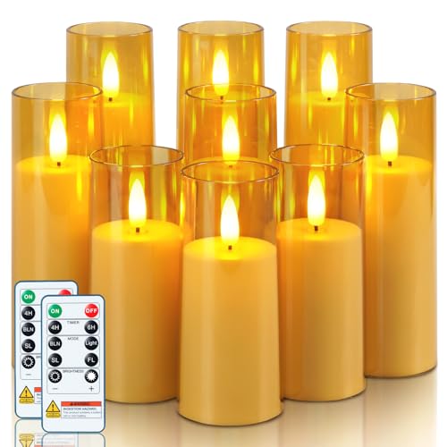 Homemory Amber Acrylic Flameless LED Candles, Battery Operated with Remote Control and Timer, Electric Fake Candles for Wedding, Home Decor, Set of 9 - color: Amber