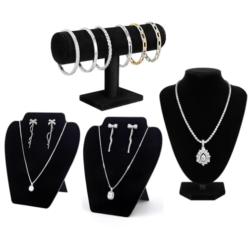 ‌4-Piece Jewelry Stand and Display Set‌,Black velvet,necklace display and bracelet display,exhibidores para joyeria.