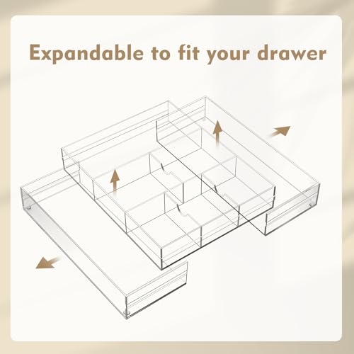 Briwooody 2 Pcs Acrylic Desk Drawer Organizer Maximum 12 x 18 x 2.1 Inch Expandable Drawer Organizer Trays with 8 Adjustable Compartments Desk Accessories for Makeup Silverware Office Bathroom - size: 12 x 18 x 2.1 Inch