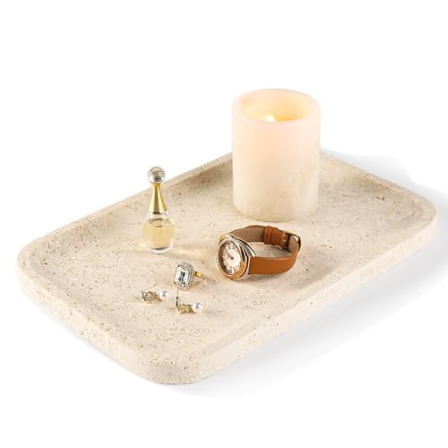 Koville Marble Vanity Tray, 12"x8" Marble Catchall Tray for Countertop Bathroom Kitchen Dresser, Rectangular Decorative Stone Tray for Jewelry Cosmetics Perfume Trinket(Brown) - color: Myra Beige