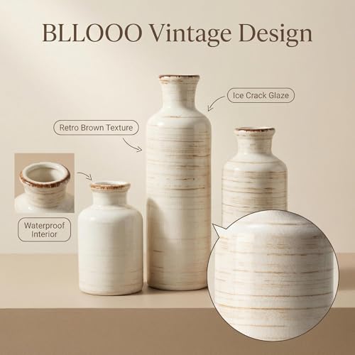 Vintage Ceramic Flower Vase Set of 3, Rustic Farmhouse Vase for Home Decor, Distressed Decorative Vase for Table Entryway Mantel Centerpiece Living Room Bathroom Bedroom (Linen Off-White) - color: 111-linen Off-white