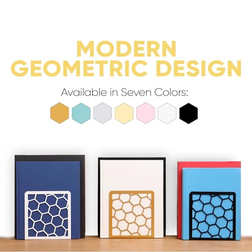 GEOMOD Geometric Honeycomb Yellow Metal Bookends Decorative - Tall Sturdy Book Ends for Shelves - Modern Heavy Duty Bookend Stopper - Office or Home Book Shelf - 6x3.25x6.25 Inches - 1 Pair - color: Yellow, size: 1 Pair, style: Honeycomb