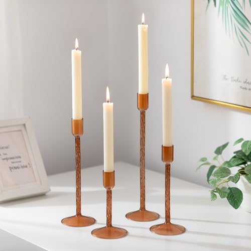 Glasseam Glass Candle Holder Brown: Fall Candle Holders Set of 4 Tall Candle Stick Candle Holder for Tapered Candles Decorative Candle Holders for Table Centerpiece Halloween Thanksgiving Decorations - color: Brown