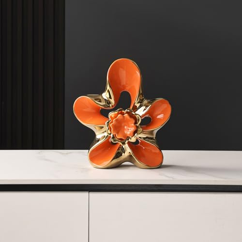 Ceramic Statue Home Decor Aesthetic Abstract Flower Sculpture Modern Decorative Statues for Living Room Bedroom Bookshelf Desktop Dinging Table Centerpiece Office (Orange and Gold) - color: Orange and Gold