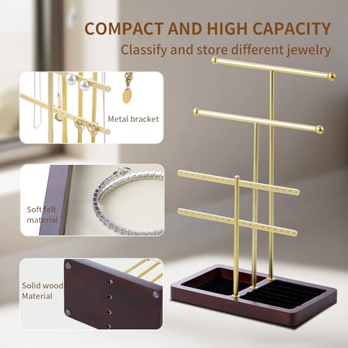 modern T-shaped jewelry rack, jewelry tower, gold metal, square ceramic base decoration display tower, necklace, bracelet, ring storage rack (3-layer wooden pallet black) - style: 3-layer wooden pallet black