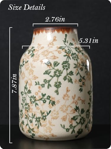 Vintage Ceramic Vase - 7.8 Inch Hand-Painted Flowers with Ice Crackle Glaze Finish, American Farmhouse Style Pitcher Vase for Home Decor, Centerpiece, Shelf, Table, Office - color: Beige and Green-002