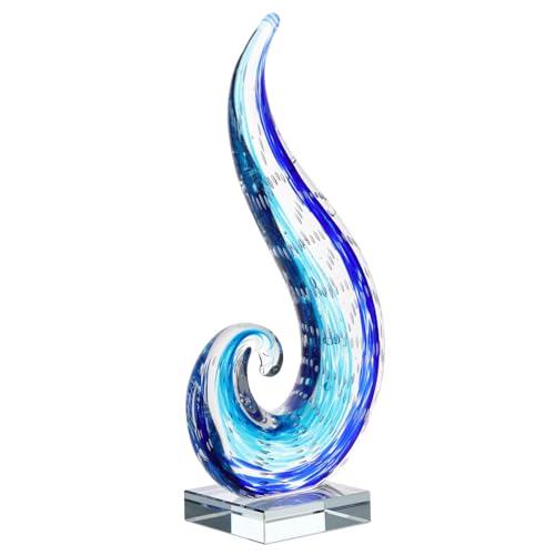 Luxury Lane Hand Blown Ocean Wave Sommerso Art Glass Sculpture for Home Decor 12 inch Tall Centerpiece Table Decoration - size: 12"