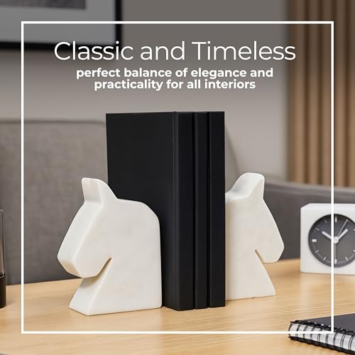 Decorative Marble Horse Head Bookends and Book Ends for Office Decor - Modern Bookshelf Decor Accent as Desk Display - Sculptural Book Accessories for Home Library Display - Set of 2, 6", White