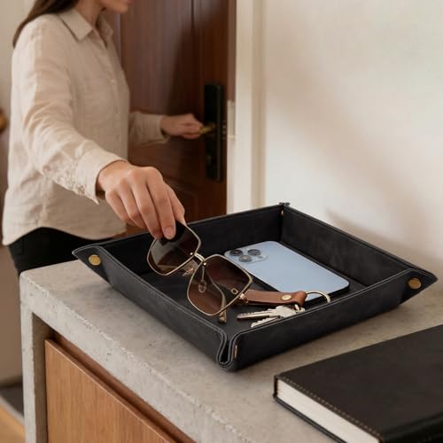 CoBak Leather Valet Tray for Men, Premium PU Leather Catch-All Tray for Entryway Table Key, Phone, Wallet, Coins & Jewelry, Bedside Nightstand Desk-top Catchall (Black) - color: Black