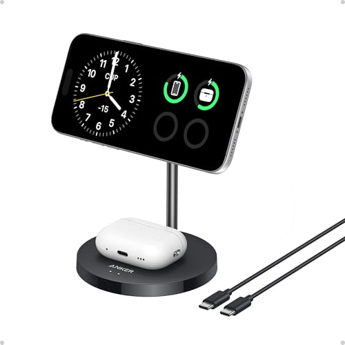 Anker MagSafe Compatible MagGo Charger Stand, iPhone 17 Wireless Charger, 2-in-1 Charging Station, Qi2 Certified 15W Fast Charging, for iPhone 17/16/15/14/13/12, AirPods Pro (Black, No Adapter) - color: Black
