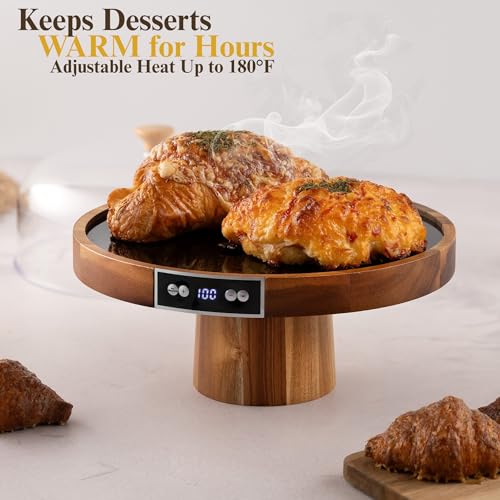 Velvera Heated Cake Stand with Dome, Cordless Food Warmer, Adjustable Temperature up to 180°F, Wooden Cake Display Stand for Cakes, Brownies, Pastries, Muffins & Cookies