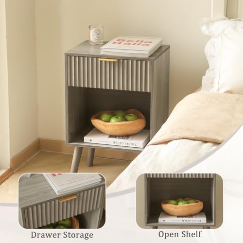 Fultyle Mid Century Modern Nightstand, Wood Bedside Table with Drawer and Opening Storage, End Table Living Room Fluted Night Stand with Solid Wood Legs for Bedroom (Grey) - color: Grey