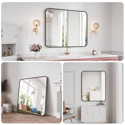 Koonmi Bathroom Mirror, 32X40 Brushed Black Metal Framed Wall-Mounted Mirror for Over Sink, HD Tempered Glass, Anti-Rust, Rounded Rectangle Mirror for Restroom, Bedroom, Hangs Horizontal or Vertical - color: Rounded Edged, size: 40"L x 32"W