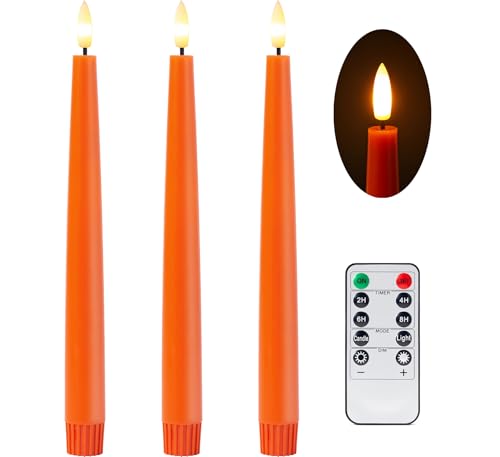 Stmarry Orange Flameless Taper Candles with Remote and Timer, 9.65 Inch Real Wax LED Candlesticks, Fall Taper Candles Battery Operated with 3D Flickering Flame, Thanksgiving Candles for Table, 3 Pack - color: Orange, size: 3 Pack
